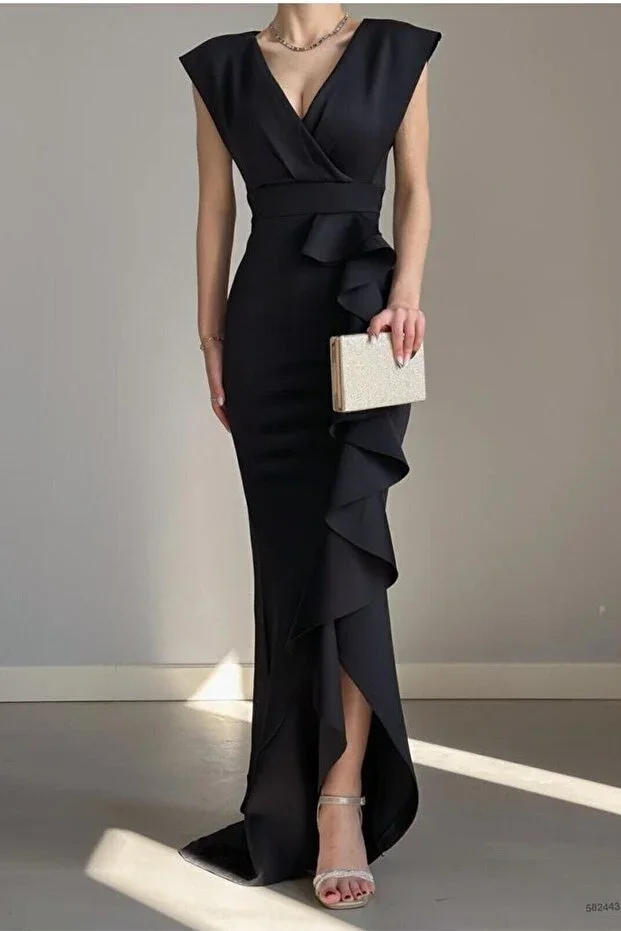 ALFUDO Moda Collection Women Black Scuba Diving Fabric Crossover Neck Ruffled Skirt Evening Graduation Wedding Dress