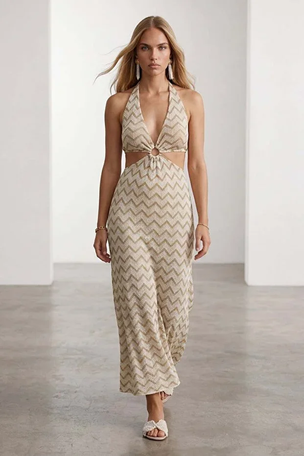 Women's Beige Back and Neck Tie Guipure Beach Dress with Skirt Lining Alc-X15540