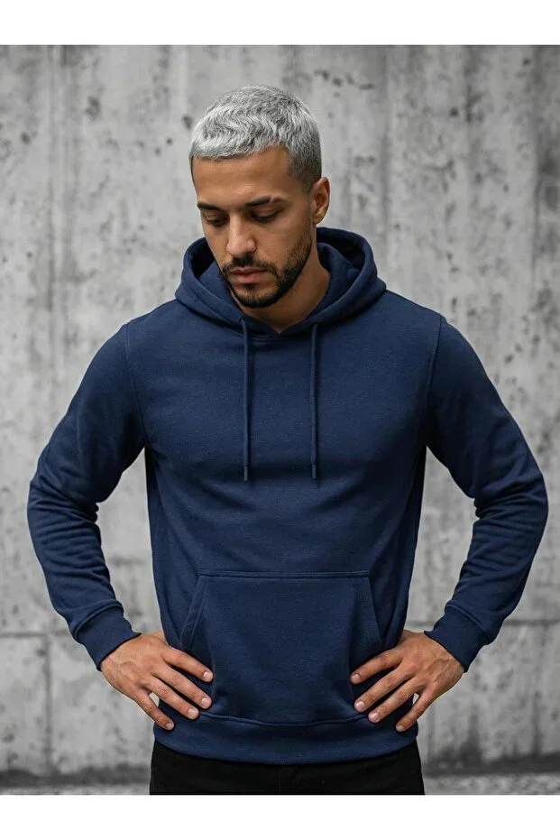 Standard Fit Cotton Soft Texture Basic Hooded Kangaroo Pocket Navy Sweatshirt