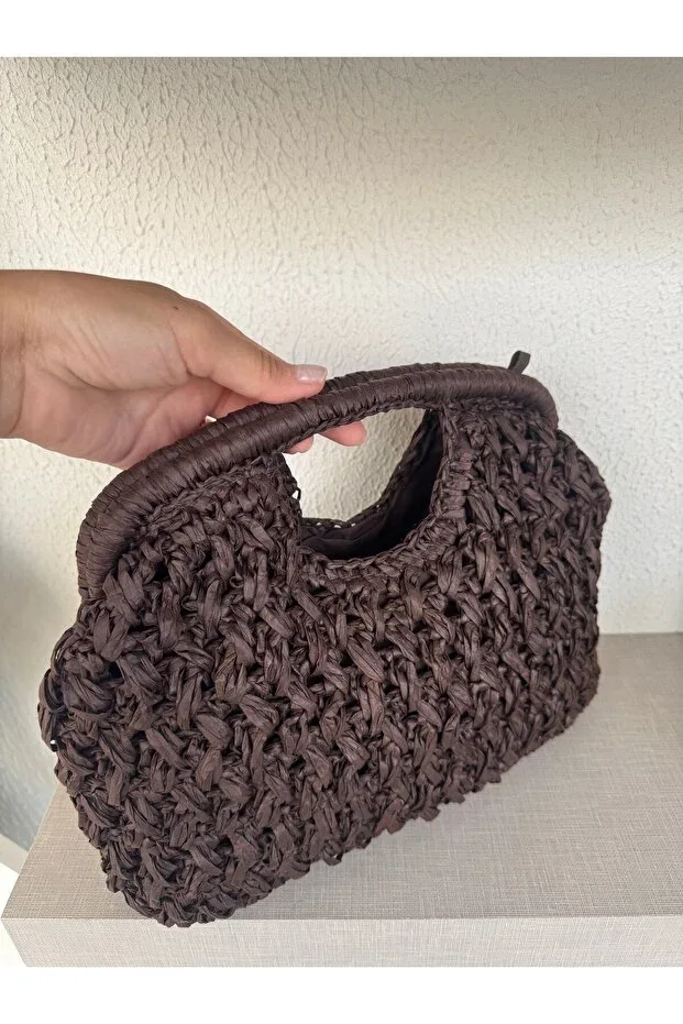 Square Handle Straw Clutch Bag Dark Coffee