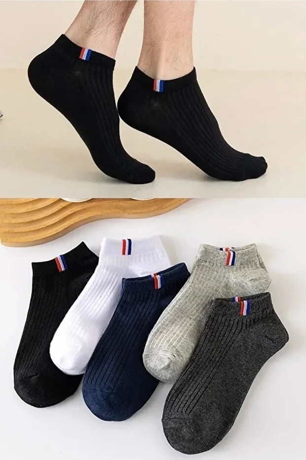 5 Pairs Men's Ankle Socks with Different Colored Elastic Stripes, Men's Footie Socks