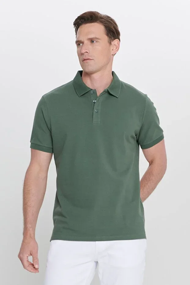 Men's Khaki 100% Cotton Non-Iron Pike Polo Neck Slim Fit Narrow Cut T-shirt