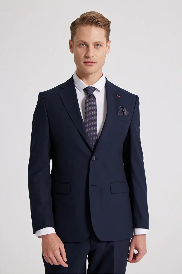Ds Damat Slim Fit Navy Blue Plain Stretchy Mono Collar Double Vent Lined Suit