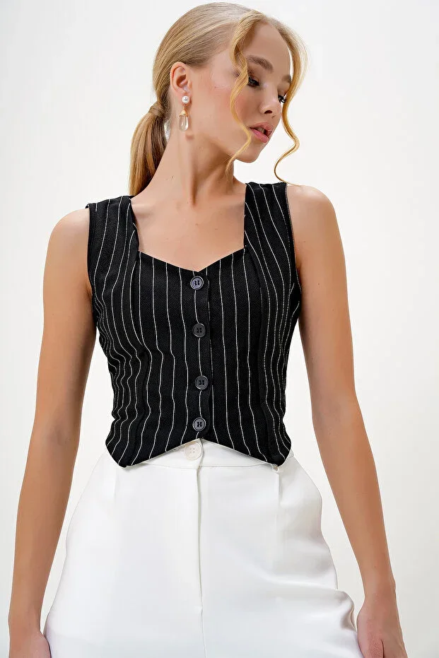 Women Black Heart Neck Buttoned Striped Vest ALC-X10151