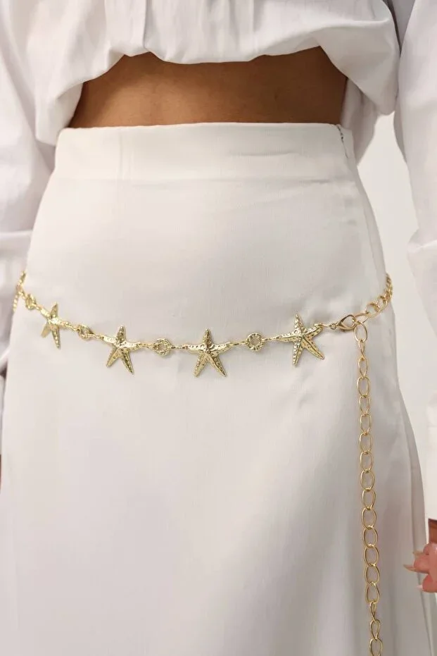 Yıldız Gold Chain Detailed Women's Waist Belt, Dress Belt, Skirt Belt, Pants Belt