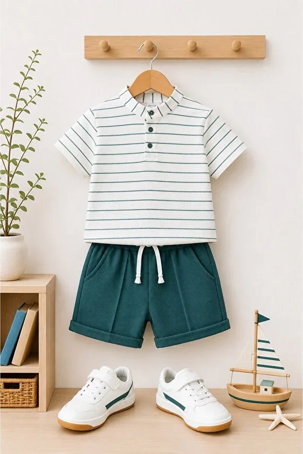 Single Stripe Buttoned - Waffle Fabric Summer Boys' Set