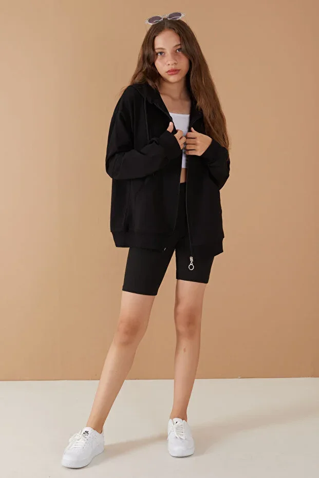 Black Zipper Basic Girls' School Hoodie 19203
