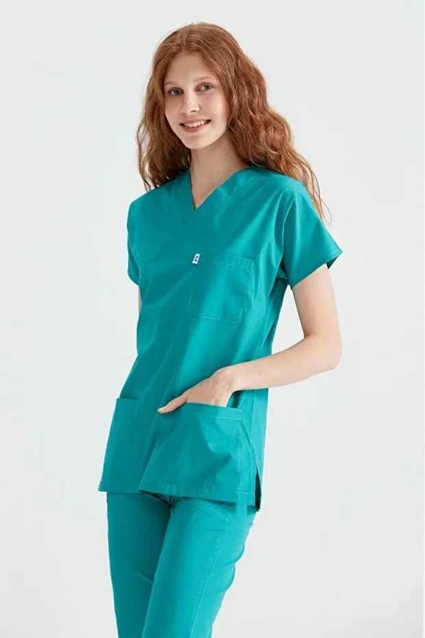 Operating Room Green Solid Color Lycra Fabric Surgical Set V-Neck Uniform