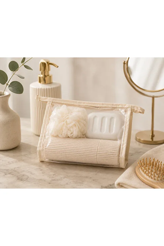 5 Piece Travel Set & Beach Set | Shower Loofah, Soap Case, Comb with Transparent Organizer Bag