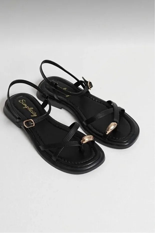 Diana Black Thong Thermo Non-Slip Sole Gold Stone Detailed Sandal