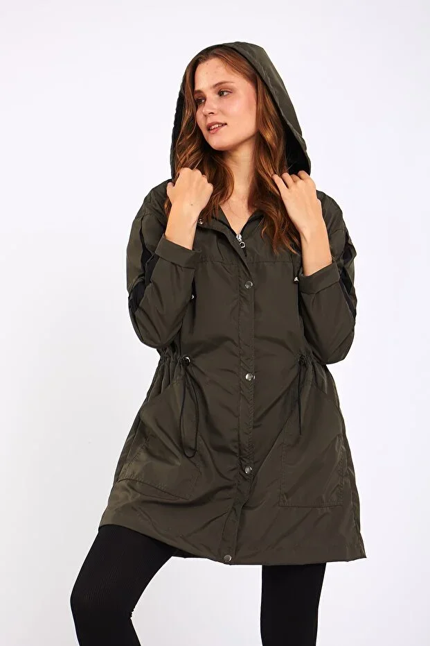 Micro Khaki Midi Raincoat & Windbreaker