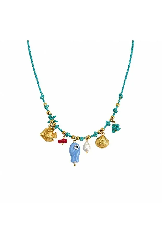 Lovecharm Nautical Charm String Necklace 316L Stainless Steel 14K Gold Plated Fish and Seashell Detailed Women Necklace