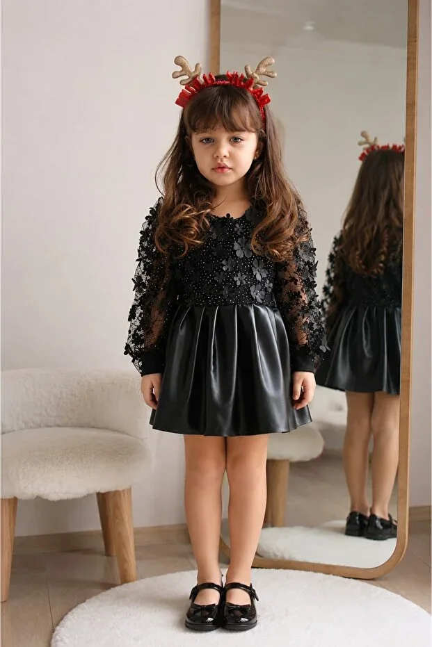 Floral Embroidered Black Girls' Dress 2-9 Years I 3D Floral Detailed Girls' Special Occasion Dress I Girls' Holiday Set