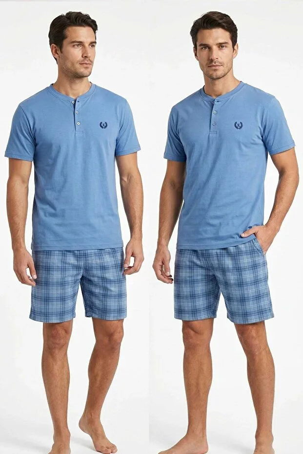 Men's 100% Cotton Button-Down Collar Plaid Pocketed Shorts Pajama Set | Blue 1000-75