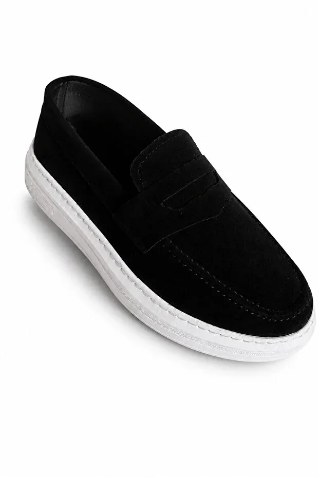 Men's Black Suede Loafer Shoes White Sole Daily Casual Classic Slip On Moccasin Sneaker