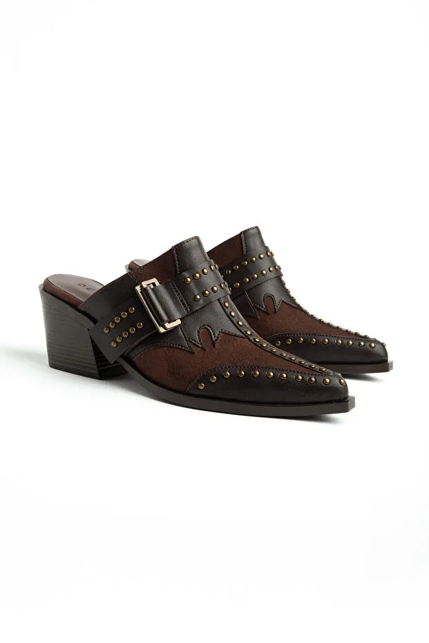 Acı Kahve Matte Leather Stud Detail Closed Toe Backless Heeled Western Cowboy Mules Slippers