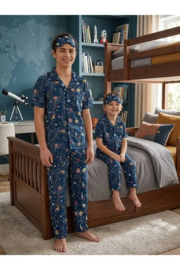 ALİSS BEBE Boys / Youth Space Pattern Cotton Pajama Set - Short Sleeve Button-Down Shirt Model (Sleep Mask Gifted)
