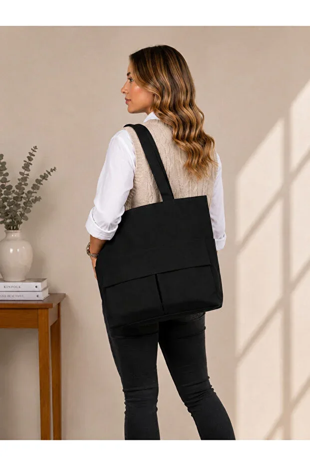 Women's Black Zippered Handbag and Shoulder Bag Fabric Cloth Bag
