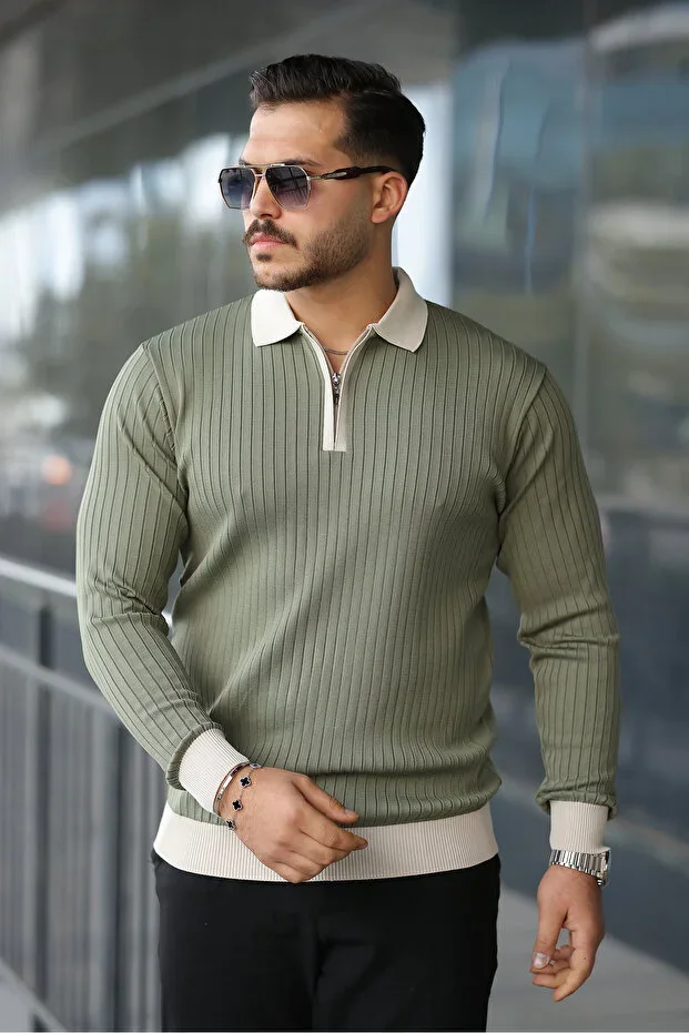 Men's Green Lycra Slim Fit Half Zip Knit Sweater