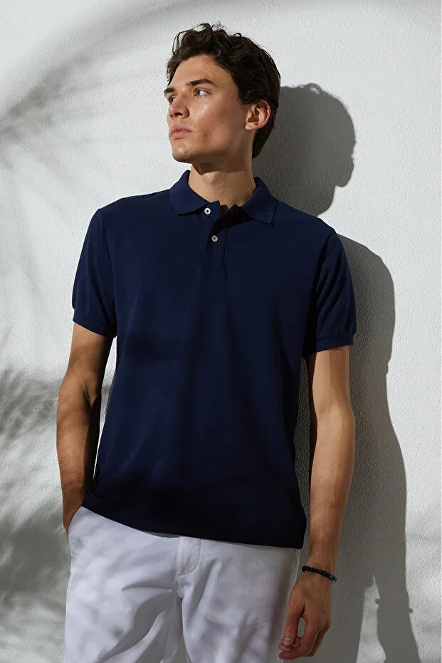 Men's Slim Fit Narrow Cut Cotton Soft Texture Cool Fabric Plain Pike Navy Blue Polo Neck T-shirt