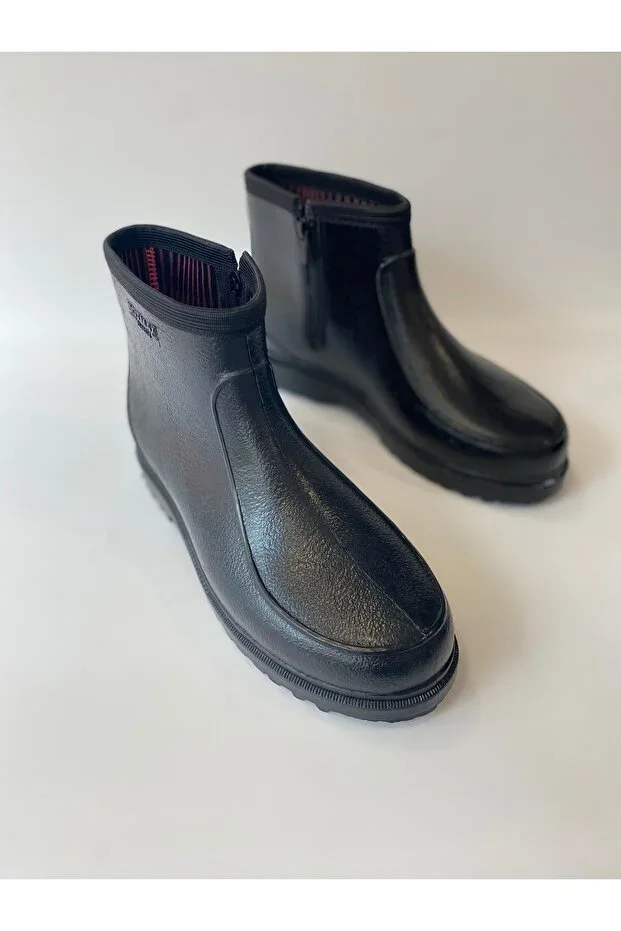 Waterproof Work Garden Rain Boot Without Wool Lining Zipper - Rubber Boot - Black