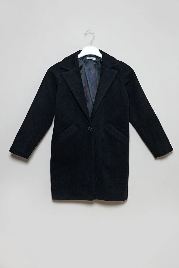 Buttoned Crossover Collar Girl Child Wool Coat