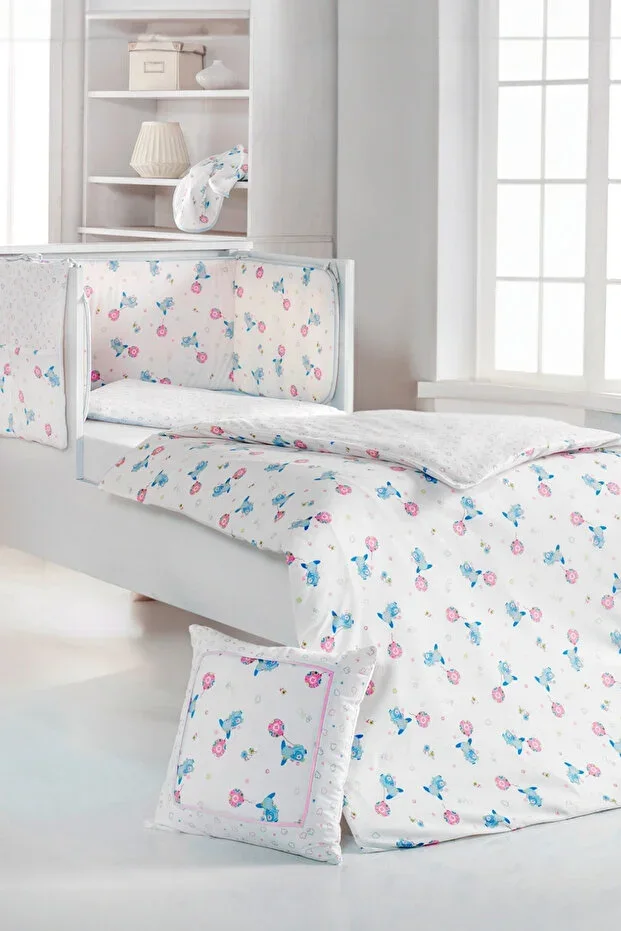 Baby 7-Piece Sleep Set 100% Cotton 100x150cm Pink Flying Balloon Duvet Cover Set 70x140 Fitted Sheet
