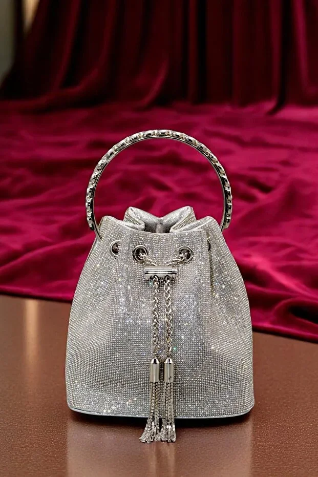 Women's Silver Design Evening Bag. Tassel Detailed Stone Embroidered Handbag.