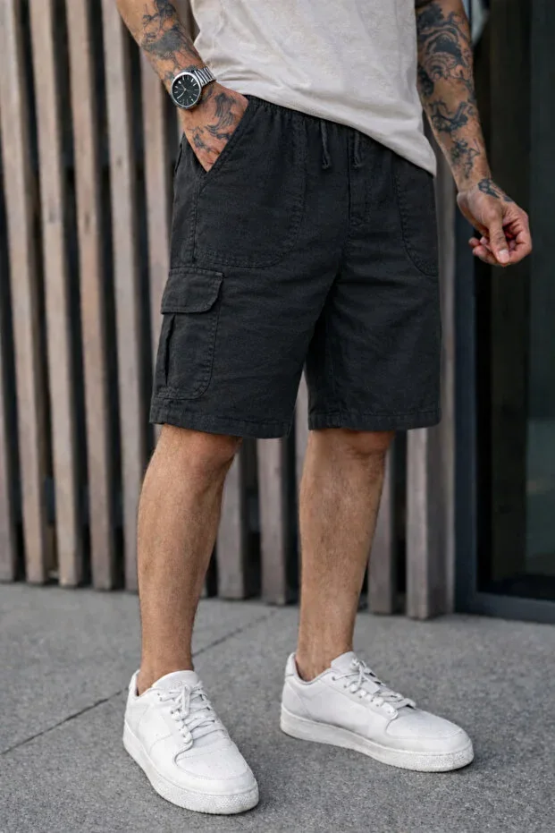 Men's Trend Low Waist Cargo Pocket Loose Black Linen Shorts