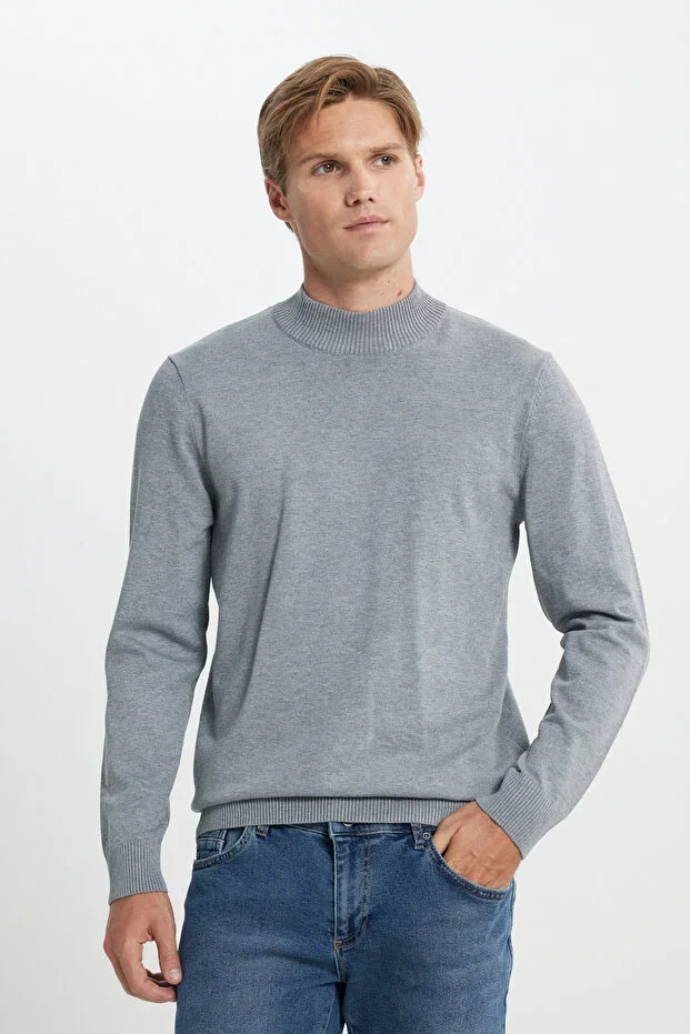 Grey Melange Half Turtleneck Knit Sweater