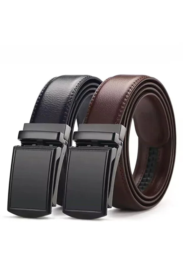 2pcs Black and Brown Automatic Buckle Suit No-Hole Classic Belt Set