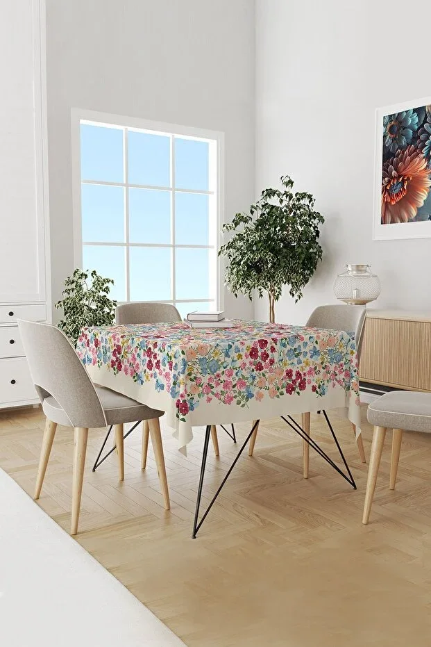 Colored Pastel Flower Patterned Suede Stain-Resistant Tablecloth