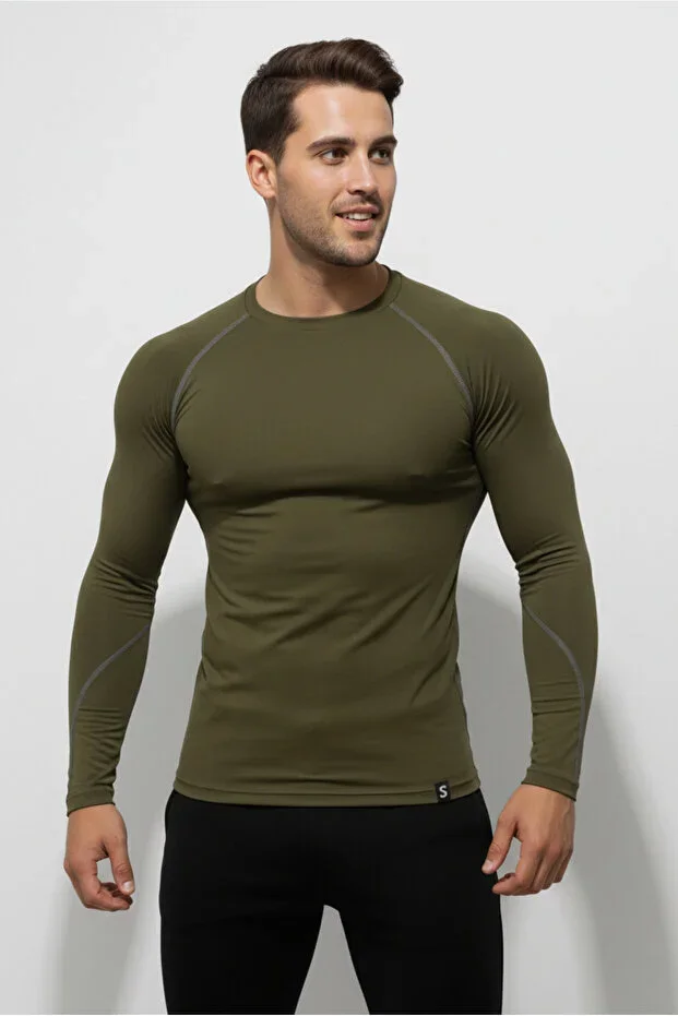 Scorp Thermo-Fit Men's Thermal Top Base Layer Ski Underwear Round Neck Military Khaki Green