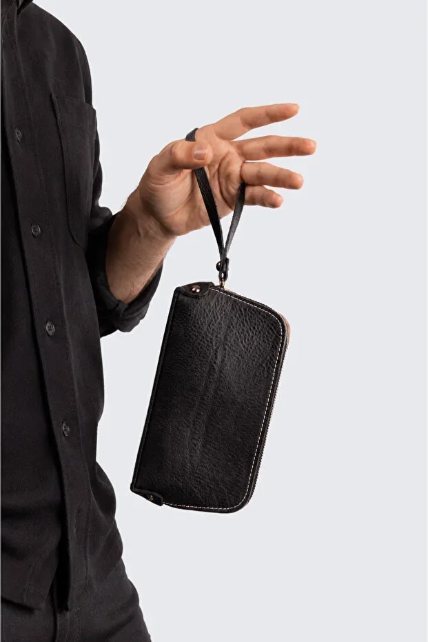 Unisex Black Genuine Cowhide Leather Bracelet Handheld Clutch Bag