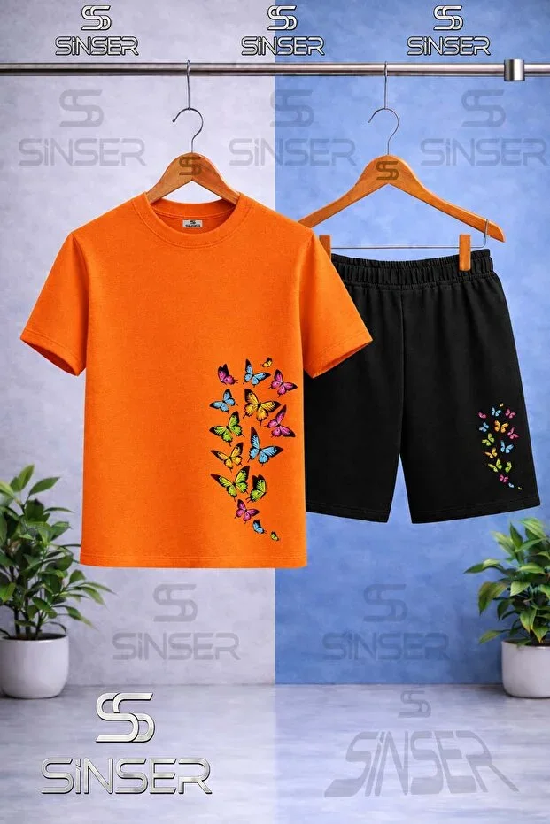 Children's MULTIPLE BUTTERFLY PRINTED Round Neck T-shirt - Shorts Set