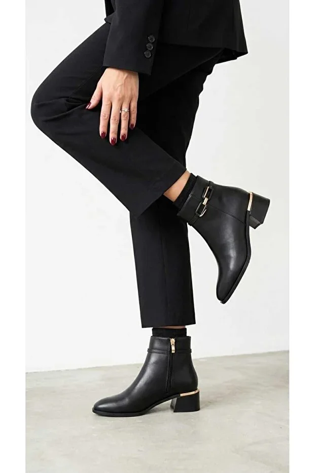 Black Ankle Boot with Gold Ring Detail