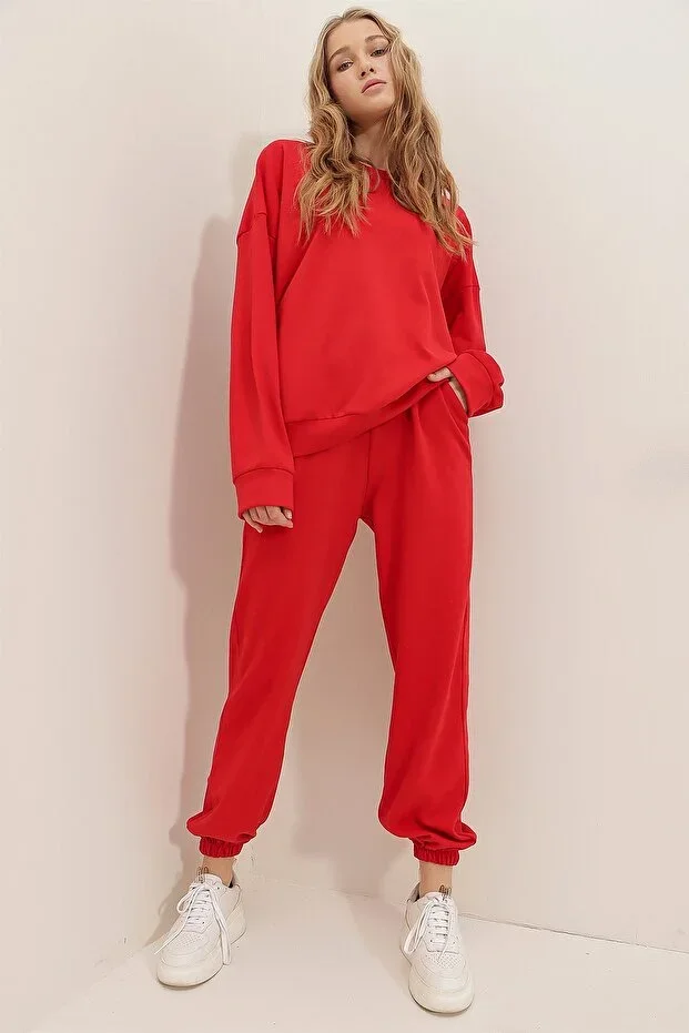 Red Crew Neck Waist and Leg Cuffs Elastic Two Thread Basic Tracksuit Set ALC-507-669-001