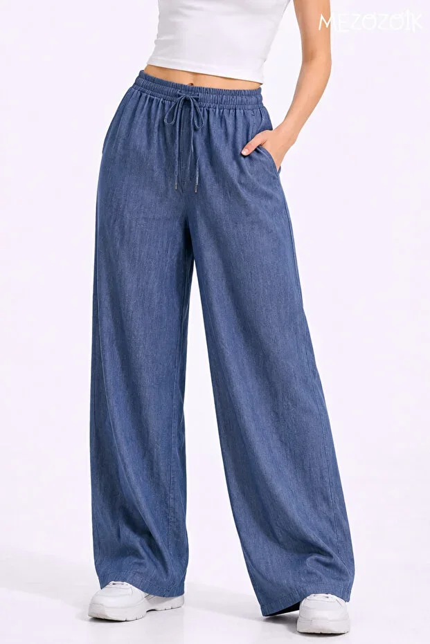 mezozoik Women's Linen Blend Denim Patterned Wide Leg Summer Trousers