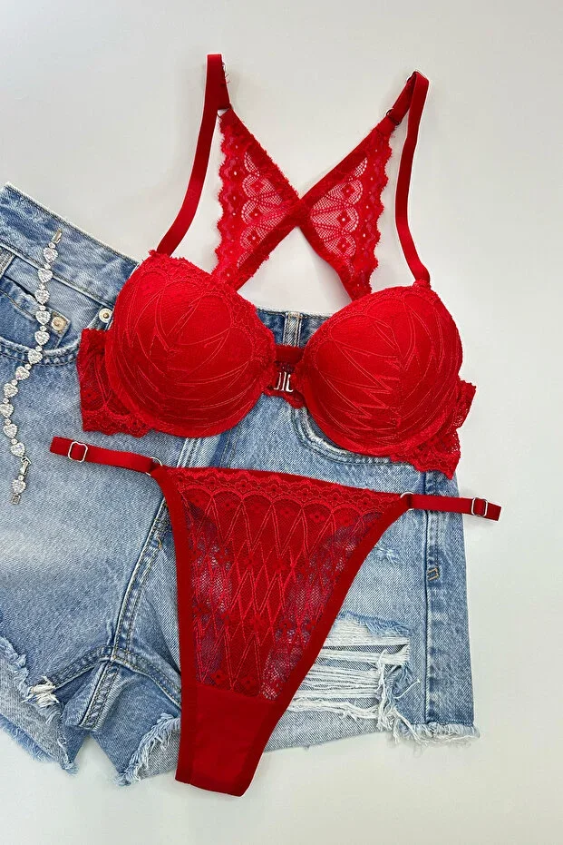 Front Closure Butterfly Detail Supportive Lace Lingerie Set Red