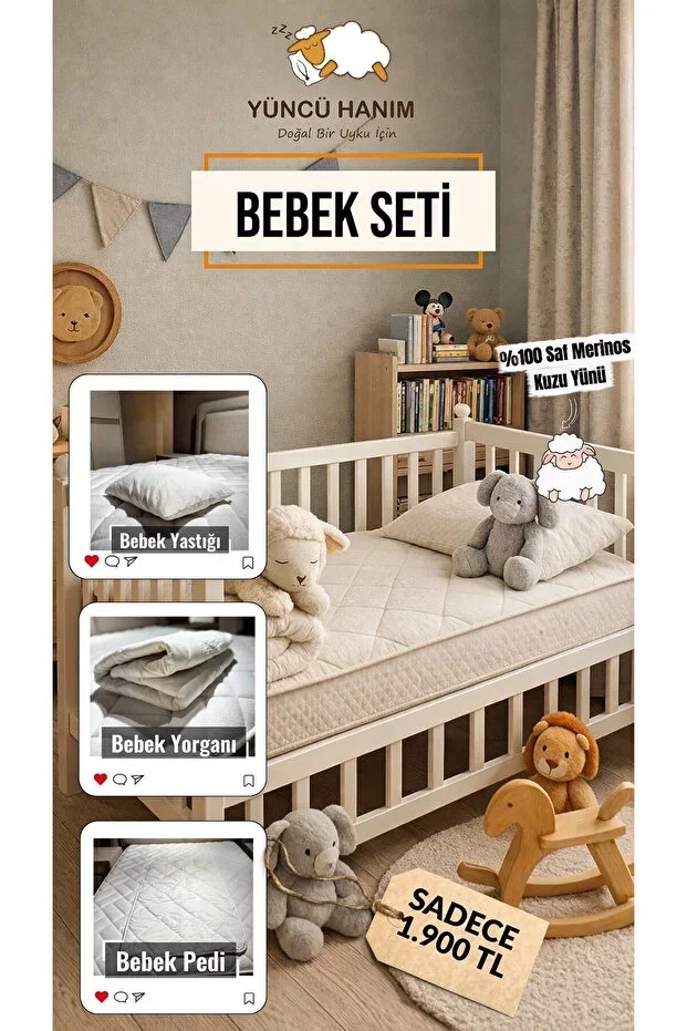%100 Wool Filling Baby Sleep Set 3-Piece Pack (Wool Duvet + Wool Mattress Protector + Wool Pillow)