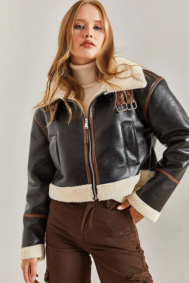 Women's Collar Belted Laminate Jacket 2289