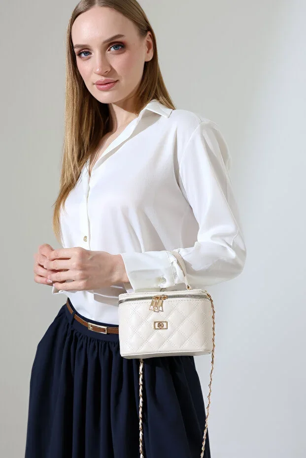 CREAM MINI BOX BAG WOMEN'S BAG QUILTED PATTERNED CROSS CHAIN STRAP DAILY CHIC BAG