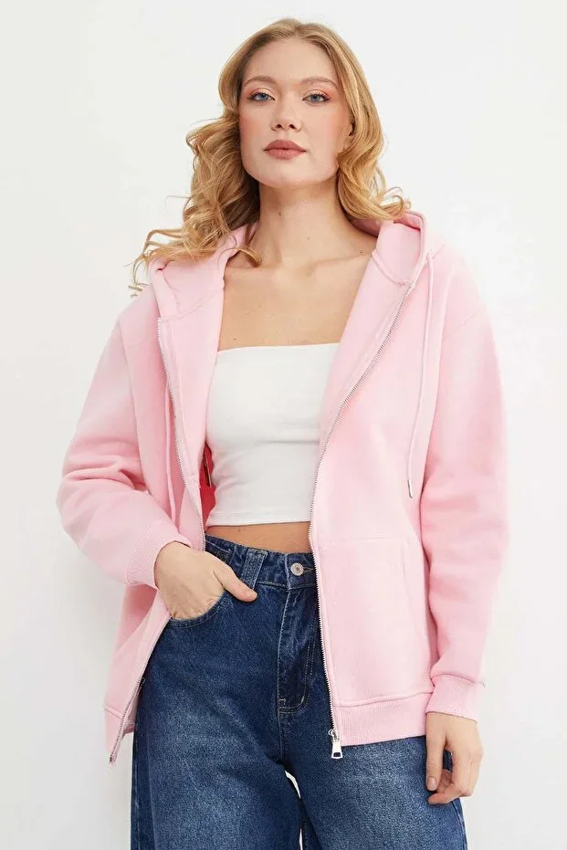 Basic Zippered Hooded Oversize Sweatshirt