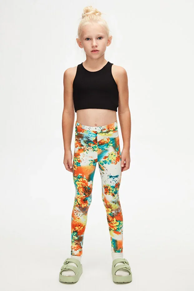 Orange Flower Girl Patterned Winter Tights