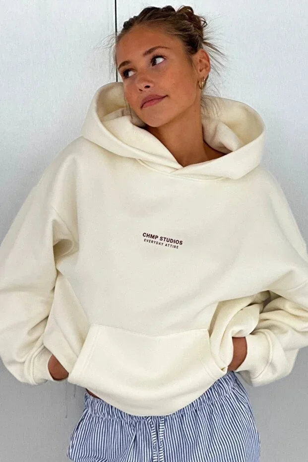 Women's Oversize Hoodie CHMP STUDIOS White – Hooded, 3-Thread Fleece, Kangaroo Pocket