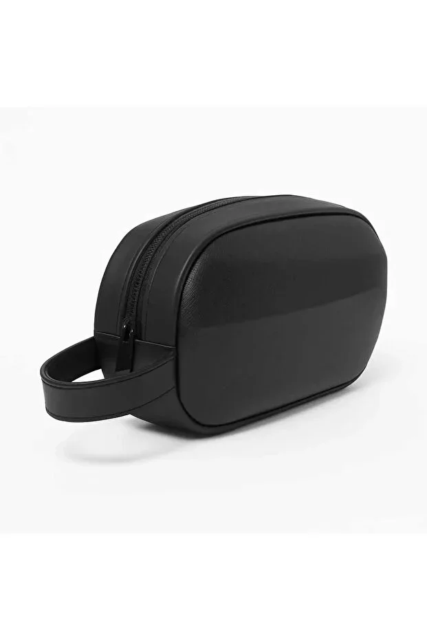 Men's Black Leather Portfolio Clutch Shaving Cosmetic Care and Daily Handbag