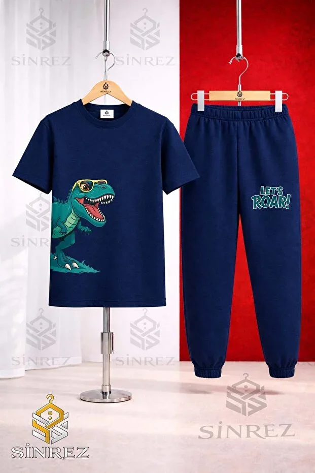 Unisex Children's DINAZOR Glasses Print Green Side Print T-shirt Tracksuit Set