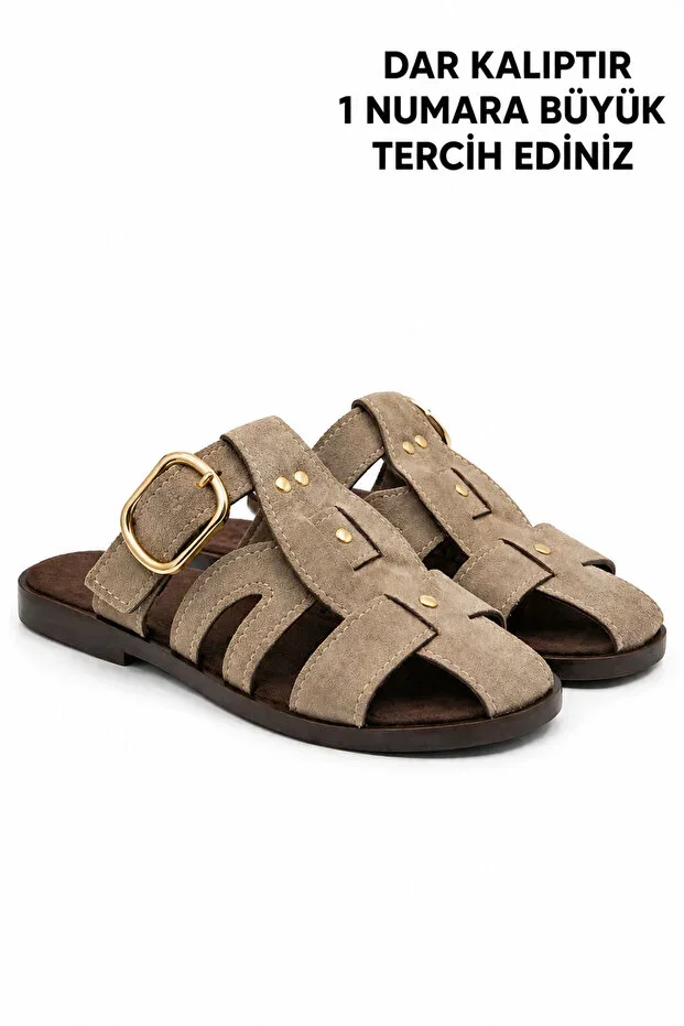 Zyra Mink Suede Belt Detailed Gold Buckle Flat Sole Summer Comfortable Women's Slipper