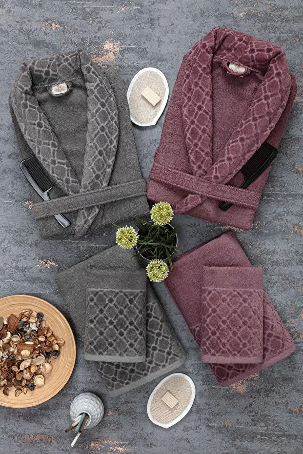 Hayal 12 Piece Boxed Jacquard Bathrobe Set | Bathrobe | Towel & Towel Set | Bathroom Dowry Set