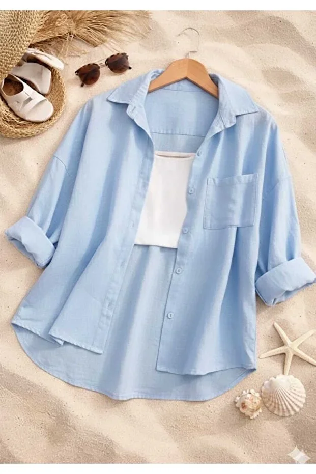blackbonds Women's Linen Baby Blue Shirt Summer Oversize Shirt New Season